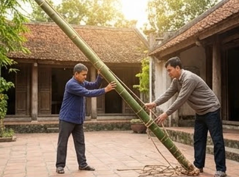 Hai người đàn ông phối hợp giữ gốc và nới lỏng dây thừng để hạ từ từ thân cây nêu tre