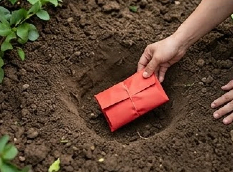 Quá trình chôn gói giấy đỏ chứa các mảnh vỡ bát hương xuống một hố đất sâu tại góc vườn sạch sẽ