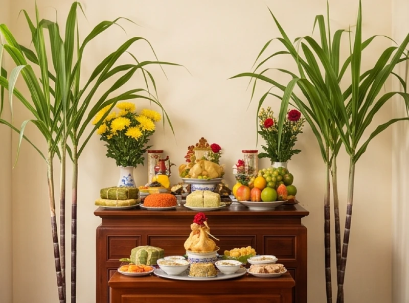 Hai cây mía giữ nguyên tán lá được dựng thẳng tắp hai bên bàn thờ gia tiên trong ngày Tết cổ truyền