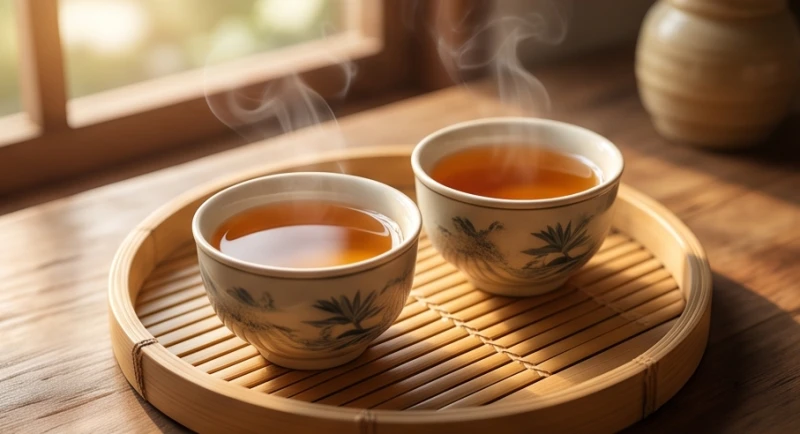 Hai chén trà gốm sứ cổ đặt sát cạnh nhau tượng trưng cho sự thấu hiểu và gắn kết trong hôn nhân