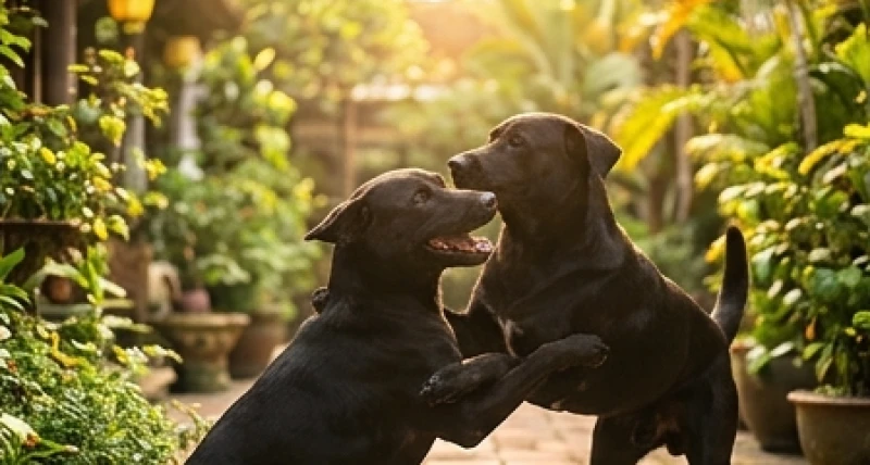 Hai chú chó đen tuyền đang vui đùa quấn quýt bên nhau trong một khoảng sân vườn ngập nắng