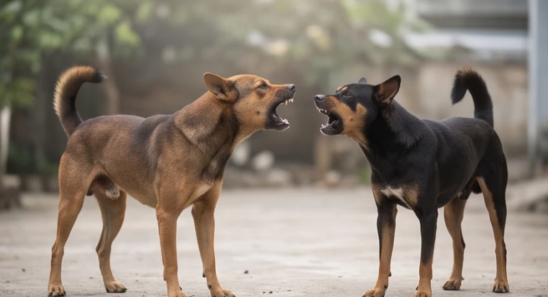 Hai chú chó đang nhe răng gầm gừ đối đầu nhau trong tư thế vô cùng căng thẳng