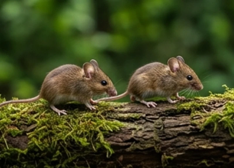 Hai con chuột con đang cùng nhau di chuyển sát cạnh trên một thân cây đổ