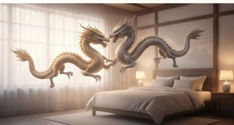 Cặp rồng phương Đông hiền hòa bay lượn xoắn xuýt vào nhau mang theo luồng sinh khí tích cực cho không gian sống