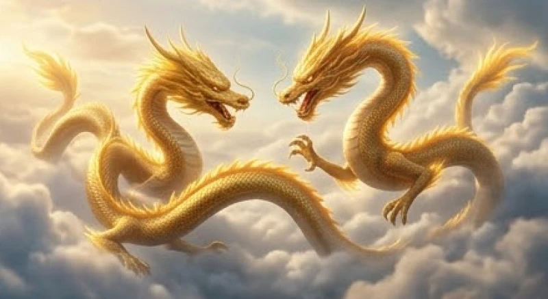 Mơ thấy rồng vàng: Điềm báo vượng tài & con số may mắn chuẩn 5 Hai con rồng vàng uy nghi đang uốn lượn vờn nhau trên bầu trời tượng trưng cho đối tác làm ăn hòa hợp