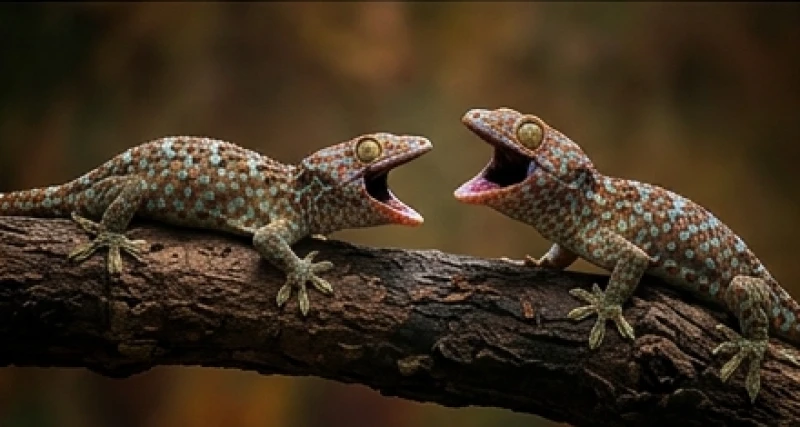 Hai con tắc kè đang ở tư thế đối đầu và nhe nanh đe dọa nhau trên cành cây