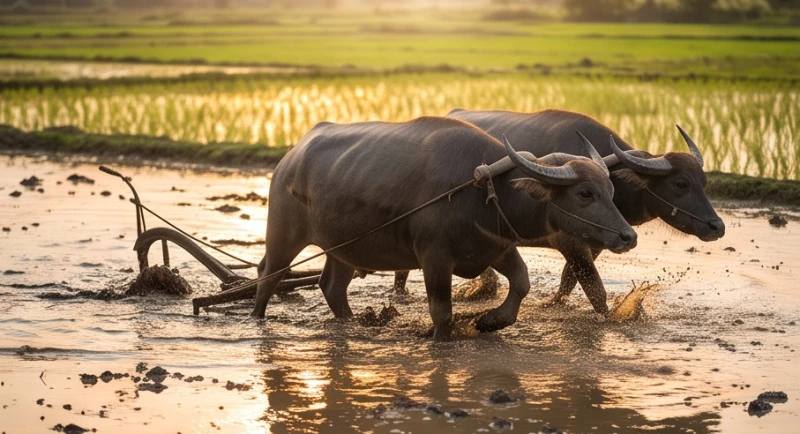 Cặp trâu đang chăm chỉ cùng nhau kéo cày trên thửa ruộng ngập nước chuẩn bị cho mùa gieo cấy