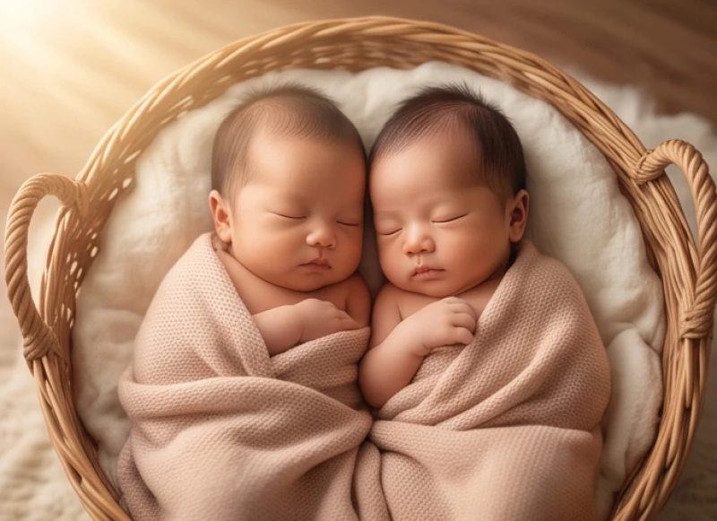 Hai em bé sơ sinh sinh đôi nằm cạnh nhau bình yên, mang ý nghĩa vận may tài lộc và niềm vui nhân lên gấp bội phần