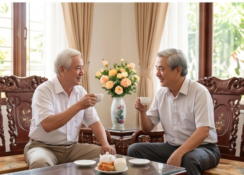 Đại diện hai gia đình vui vẻ dùng trà và trò chuyện sau khi hoàn tất nghi thức yết cáo