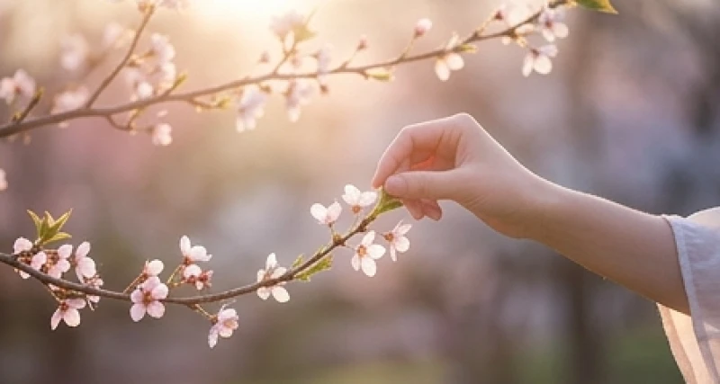 Bàn tay đang nhẹ nhàng chạm vào những bông hoa đang nở rộ trên cành cây mọc vươn dài