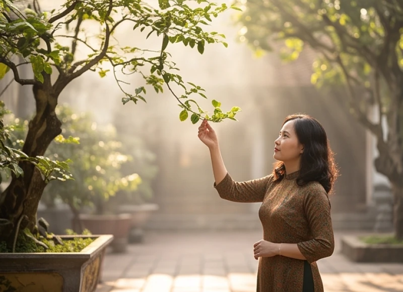 Người phụ nữ hái lộc tại một ngôi chùa cổ kính trong chuyến xuất hành đầu tiên của năm mới