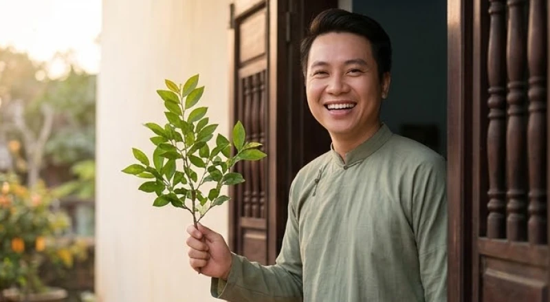 Người phụ nữ ôm cành lộc tươi xanh bước vào nhà trong niềm vui hân hoan lúc rạng sáng mùng 1 Tết