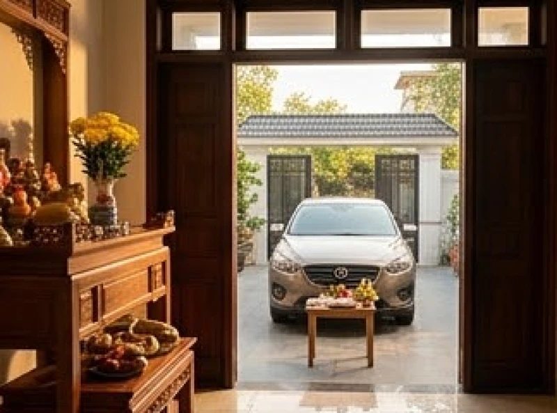 Hai không gian cúng xe riêng biệt gồm bàn thờ tổ tiên trong nhà và mâm lễ trước đầu xe ngoài sân