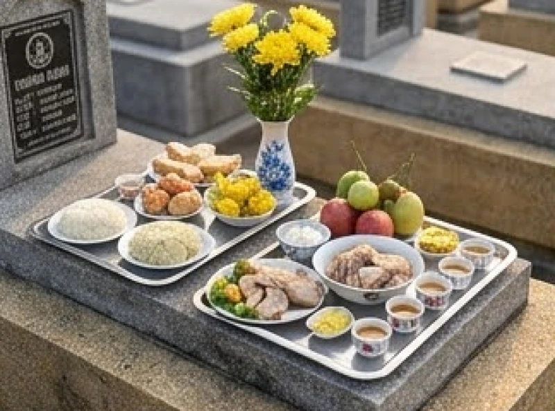 Văn khấn 49 ngày ngoài mộ: Trình tự dâng lễ và 2 bài cúng chuẩn 1 Hai mâm lễ vật riêng biệt dành cho Thần linh và Vong linh được bày biện cẩn thận tại phần mộ