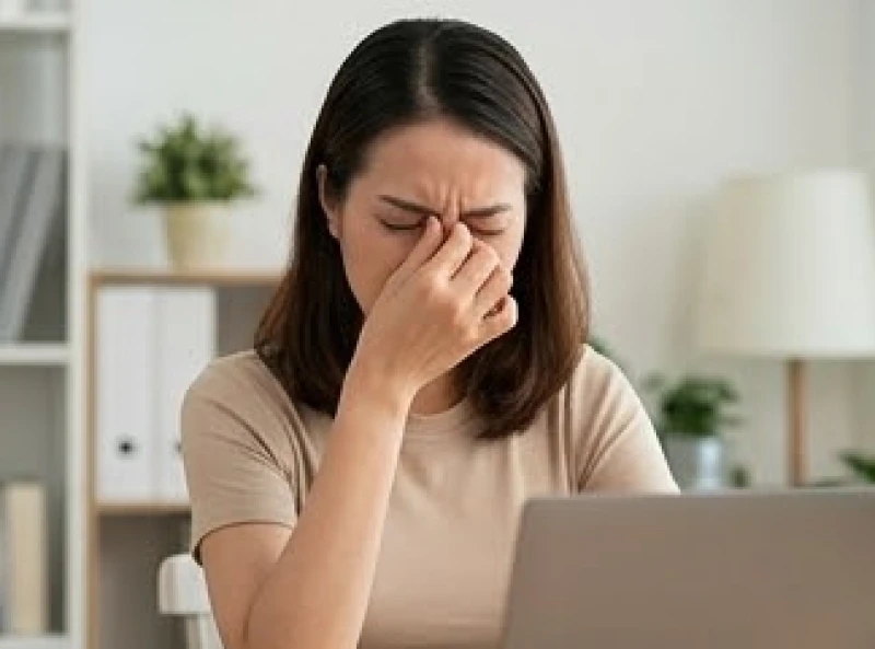 Mắt giật liên tục là điềm gì? Phân biệt tâm linh và y học 4 Người phụ nữ nhắm nghiền cả hai mắt lại vì cơn co thắt mi tự phát gây gián đoạn công việc