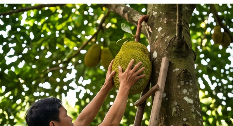 Hành động trèo thang cẩn thận thu hoạch trái mít lớn đã đạt đến độ chín muồi hoàn hảo trên thân cây