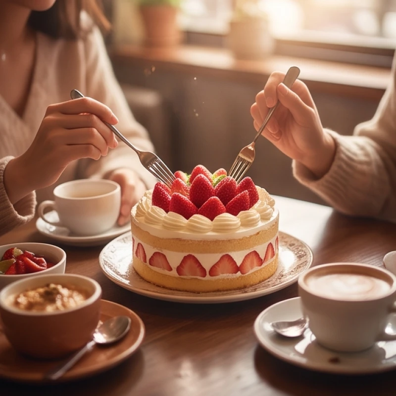 Mơ thấy ăn bánh ngọt: Điềm báo tình duyên & con số may mắn 6 Cặp đôi vui vẻ chia sẻ chiếc bánh kem dâu tây tại một quán cà phê ấm cúng