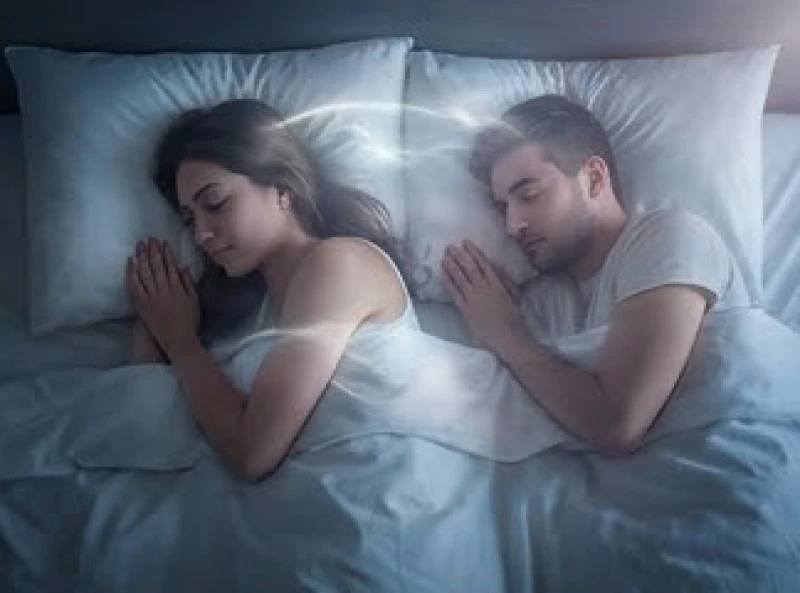 Hai người đang ngủ cạnh nhau với biểu cảm thanh thản minh họa cho sự đồng điệu sóng não và chia sẻ chung kịch bản chiêm bao