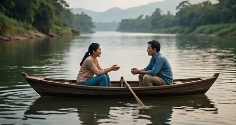 Hai người mỉm cười ngồi đối diện nhau trên một chiếc đò nhỏ trôi êm đềm dọc theo bờ sông