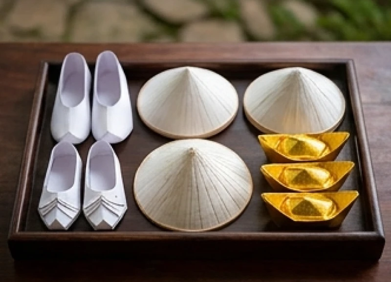 Bộ hài nón và thuyền rồng bằng giấy bồi màu trắng tinh xảo chuẩn bị đem đi hóa