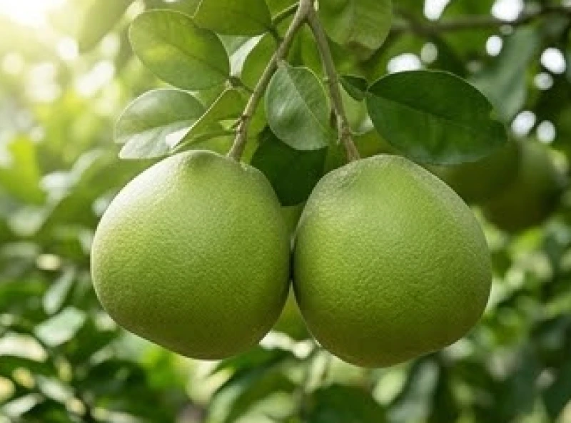 Hai quả bưởi xanh tươi có cùng kích thước mọc sát nhau trên cùng một cành vươn ra đón nắng mai