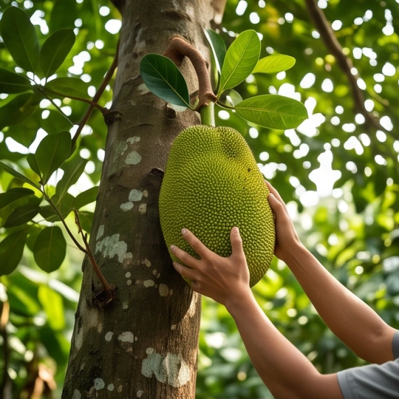 Hành động hái quả mít trên cây cao đòi hỏi sự khéo léo và kiên nhẫn để đạt được thành quả