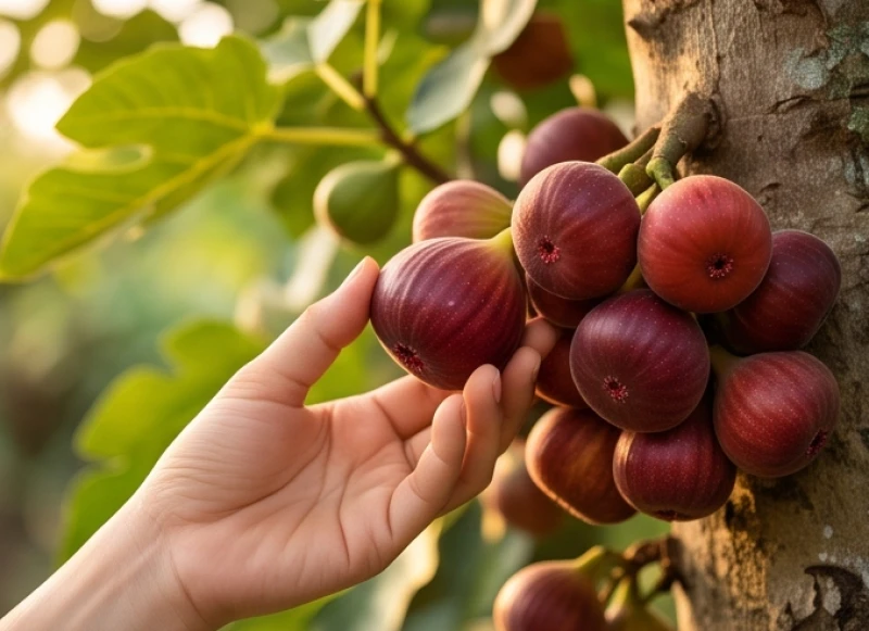 Bàn tay đang cẩn thận hái một quả sung chín đỏ tươi tắn từ một chùm lớn mọc ven thân cây