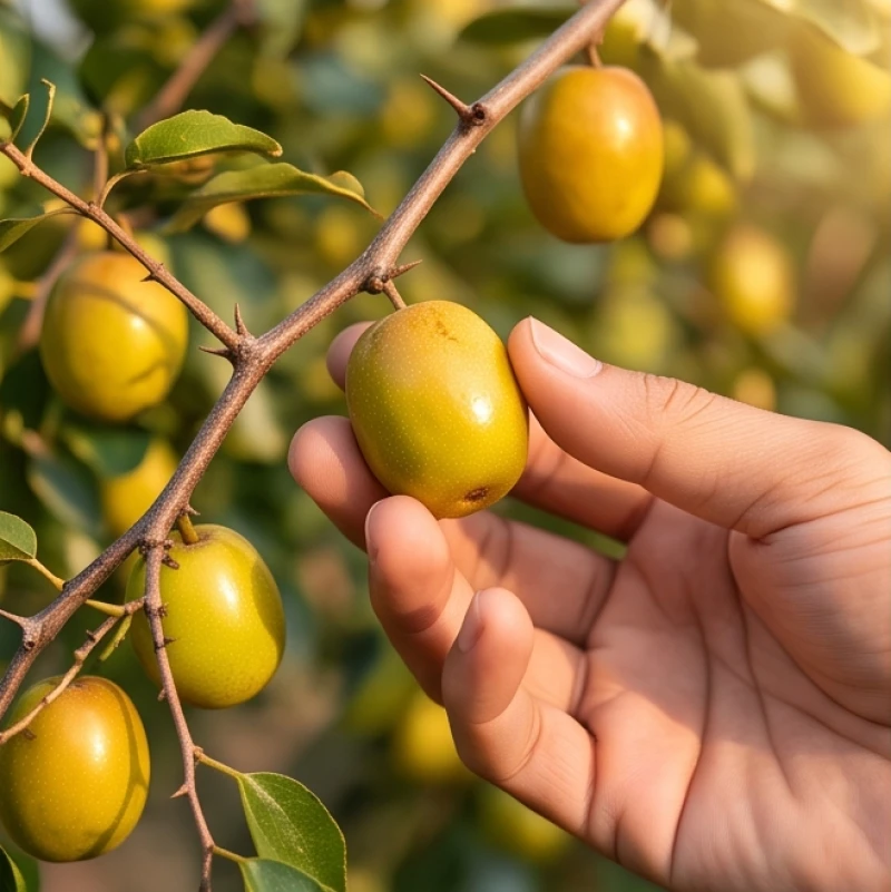 Bàn tay nhẹ nhàng vươn lên hái chùm quả táo ta chín mọng đan xen giữa những cành lá chi chít gai
