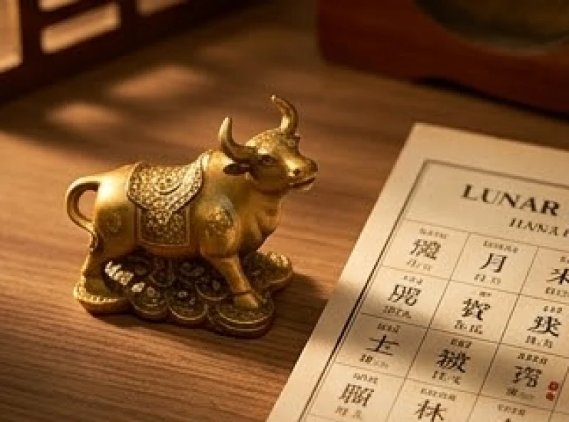 Tượng trâu vàng đặt cạnh lịch âm dương tượng trưng cho cục diện hại thái tuế của tuổi sửu