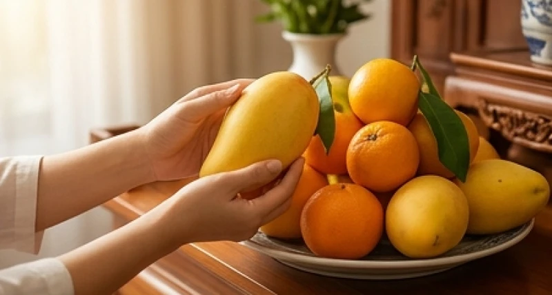 Đôi bàn tay cẩn thận hạ lộc quả xoài chín từ trên bàn thờ để gia đình cùng nhau thưởng thức