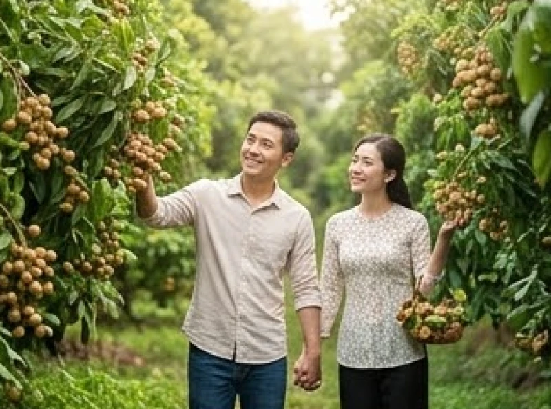 Cặp đôi nam nữ nắm tay nhau dạo bước và hái trái cây trong khu vườn nhãn xum xuê rợp bóng mát