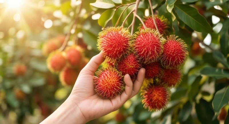 Bàn tay vươn lên hái chùm chôm chôm chín đỏ rực rỡ trực tiếp từ trên cành cây vươn dài