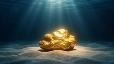Khối vàng ròng chìm sâu dưới đáy đại dương tĩnh lặng minh họa rõ nét bản chất hải trung kim là gì