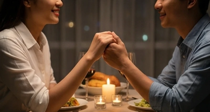 Cặp đôi đang nắm tay nhau âu yếm trên bàn ăn lãng mạn minh chứng cho sự thấu hiểu và gắn kết mạnh mẽ ở hiện tại