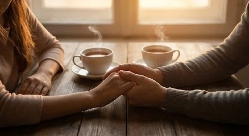 Mơ thấy vợ chồng đánh nhau: Ý nghĩa tâm lý và tra cứu con số 6 Hai bàn tay đan vào nhau đặt trên mặt bàn cạnh hai tách trà nóng bốc khói dưới ánh đèn vàng dịu nhẹ