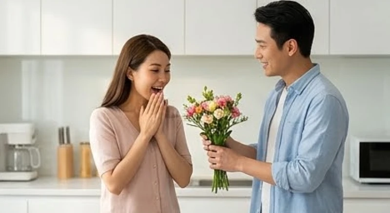 Người chồng ân cần tặng một bó hoa tươi cho vợ tại phòng bếp để hâm nóng tình cảm sau những ngày làm việc bận rộn