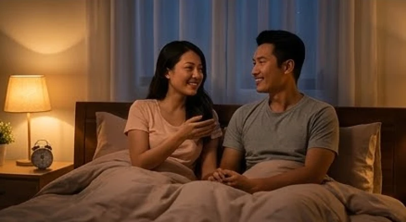 Cặp vợ chồng trẻ Việt Nam vui vẻ trò chuyện trên giường trước khi ngủ mà không sử dụng bất kỳ thiết bị điện tử nào