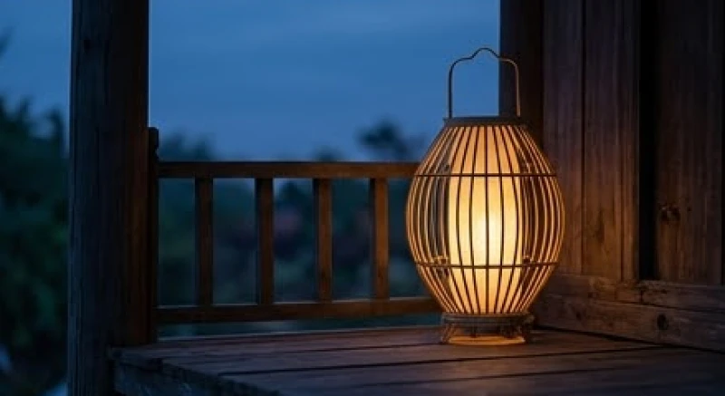 Đèn lồng truyền thống hắt ánh sáng ấm áp bên hiên nhà gỗ mộc mạc vào buổi tối muộn