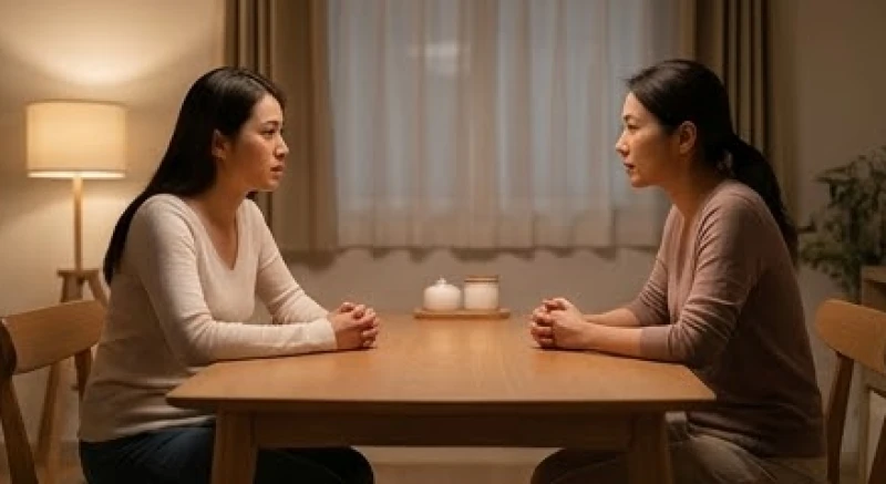 Hai người phụ nữ đang ngồi trò chuyện nghiêm túc bên bàn ăn để giải quyết những mâu thuẫn nội bộ