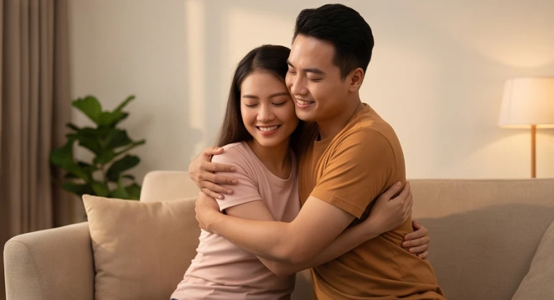 Cặp đôi trẻ mỉm cười ôm chặt nhau thật ấm áp sau những mâu thuẫn để tái thiết lập niềm tin và sự gắn kết