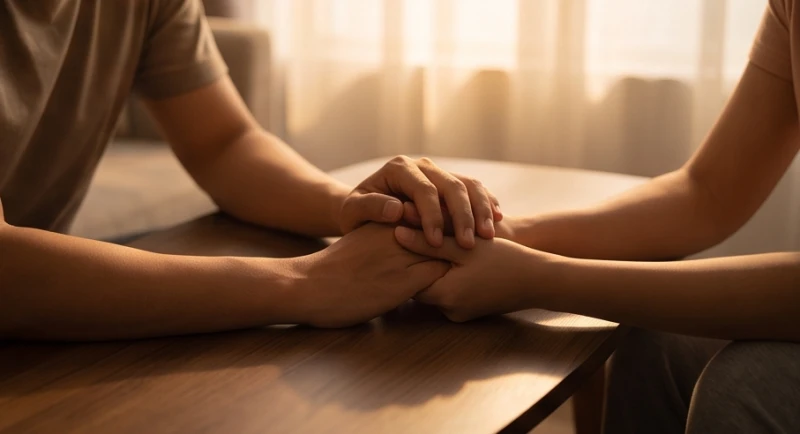 Hai bàn tay nắm lấy nhau thật chặt trên bàn cà phê thể hiện sự thấu hiểu và đồng cảm