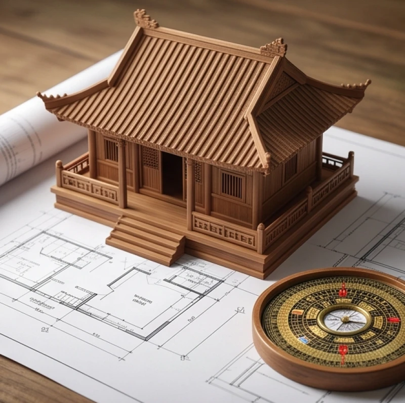 Mô hình ngôi nhà truyền thống bằng gỗ tượng trưng cho việc động thổ xây nhà