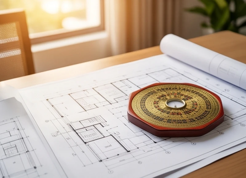 Vận hạn tuổi Thìn năm 2026: Bảng sao nam nữ & vật phẩm giải hạn 7 Bản vẽ thiết kế nhà ở chi tiết và chiếc la bàn phong thủy đặt trên bàn làm việc