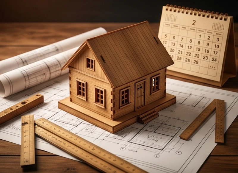 Mô hình ngôi nhà gỗ bị tạm dừng thi công tượng trưng cho hạn lục hoang ốc