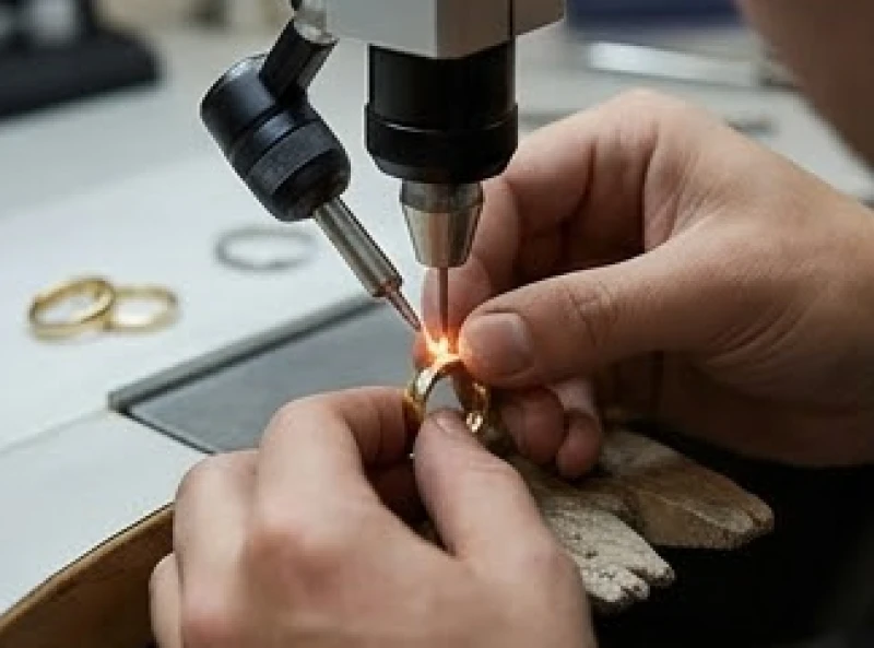 Nhẫn bị gãy là điềm gì: Giải mã tâm linh và cách hóa giải 9 Thợ kim hoàn đang sử dụng máy hàn laser vi điểm để tỉ mỉ nối lại đai nhẫn bị đứt trên bàn làm việc