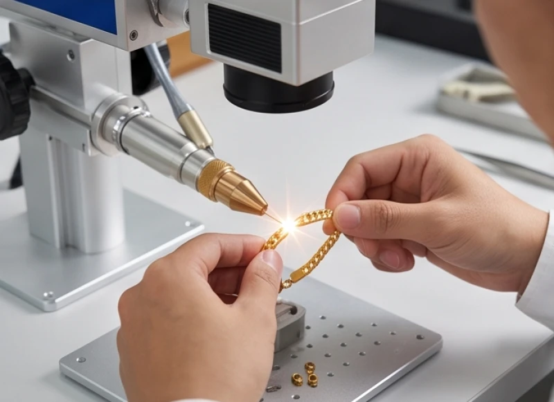 Thợ kim hoàn đang sử dụng máy hàn laser để nối lại chiếc vòng tay vàng