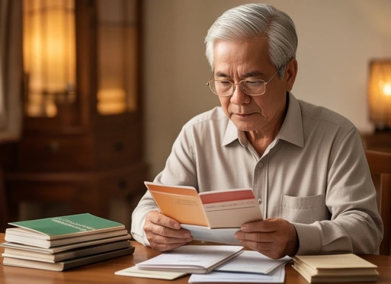 Tử vi tuổi Quý Mão 1963 năm 2027: Bài bản giải sao và 12 tháng 7 Người đàn ông 65 tuổi đang ngồi đeo kính cẩn thận kiểm tra các giấy tờ sổ tiết kiệm tài chính cá nhân