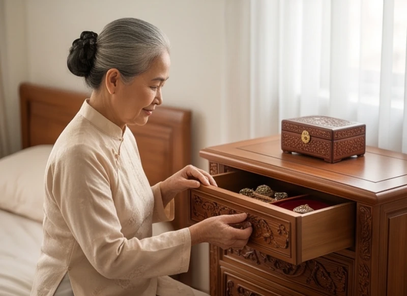 Tử vi tuổi Quý Mão 1963 năm 2027: Bài bản giải sao và 12 tháng 8 Người phụ nữ lớn tuổi đang cẩn thận cất giữ hộp trang sức và tiền bạc vào chiếc tủ gỗ có khóa an toàn