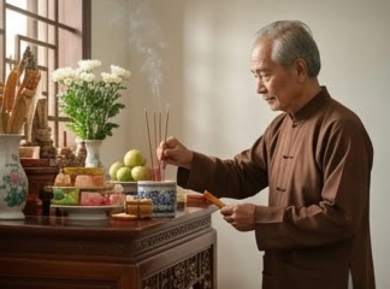 Nam giới tuổi 67 thắp hương cầu bình an trước bàn thờ gia tiên năm Đinh Mùi