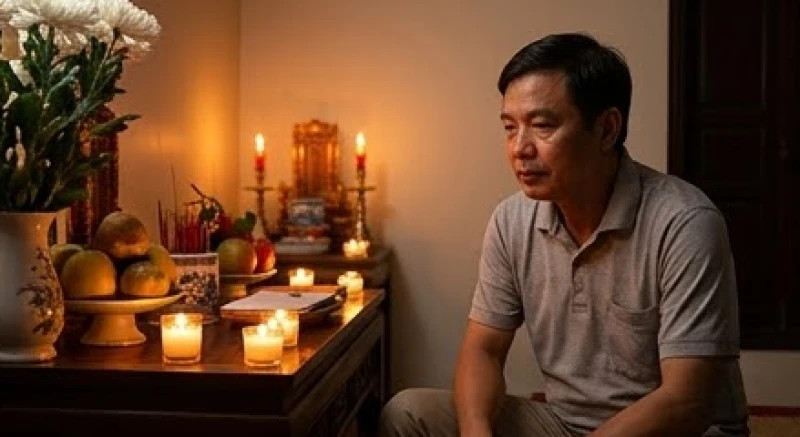Nam giới trung niên đang tĩnh tâm chuẩn bị các vật phẩm cần thiết cho lễ cúng giải hạn sao Thái Bạch